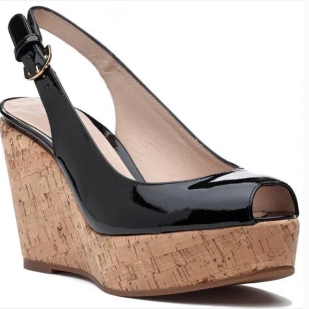 Stuart Weitzman Patent Leather Open Toe Slingback Cork Wedges